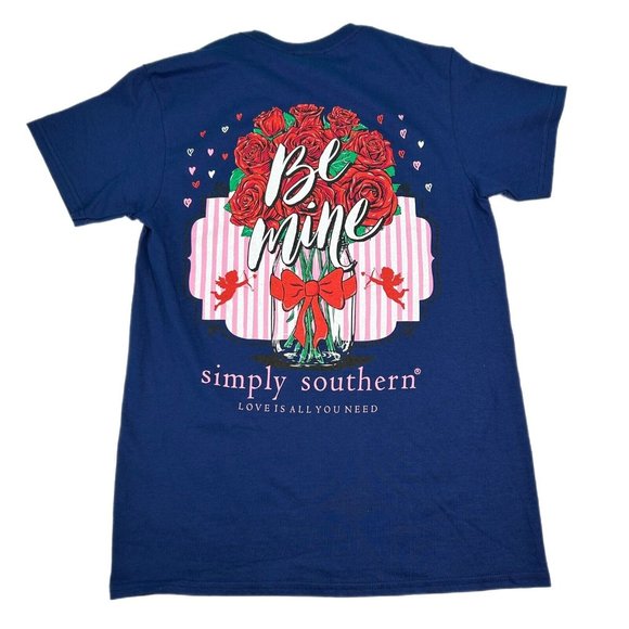 Simply Southern T-Shirt Womens Small Medium Blue Valentines Day Flowers Cupid - Picture 1 of 12